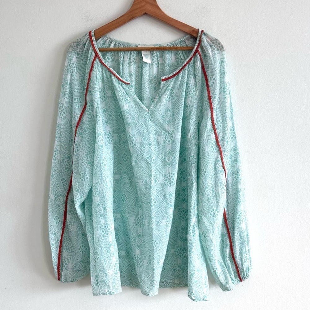 Sundance lightweight cotton turquoise green orange trip peasant blouse XL